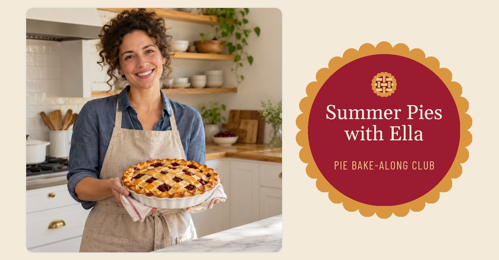 Smiling woman holding a lattice-top pie beside a round Summer Pies with Ella badge.