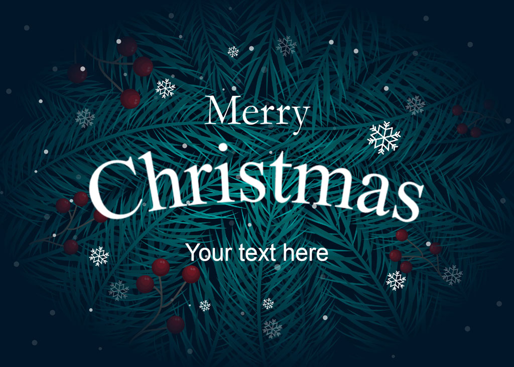 Merry Christmas card template with pine branches and snowflakes