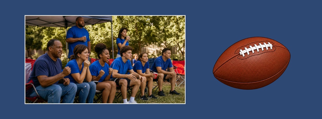 People in blue shirts watching a football game beside a large football on a blue background