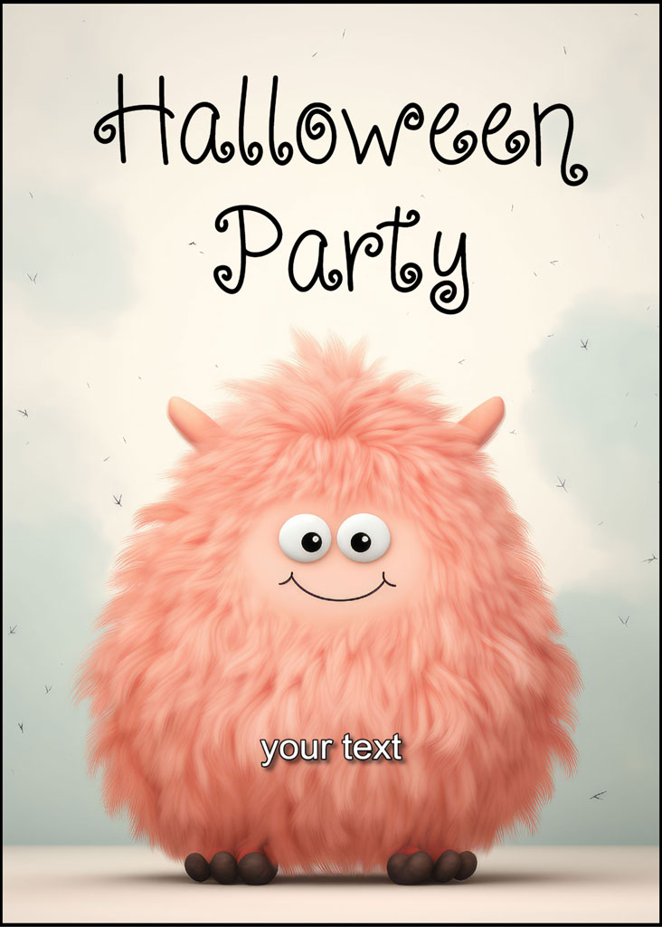 A pink monster with horns and a smile on a Halloween party invitation