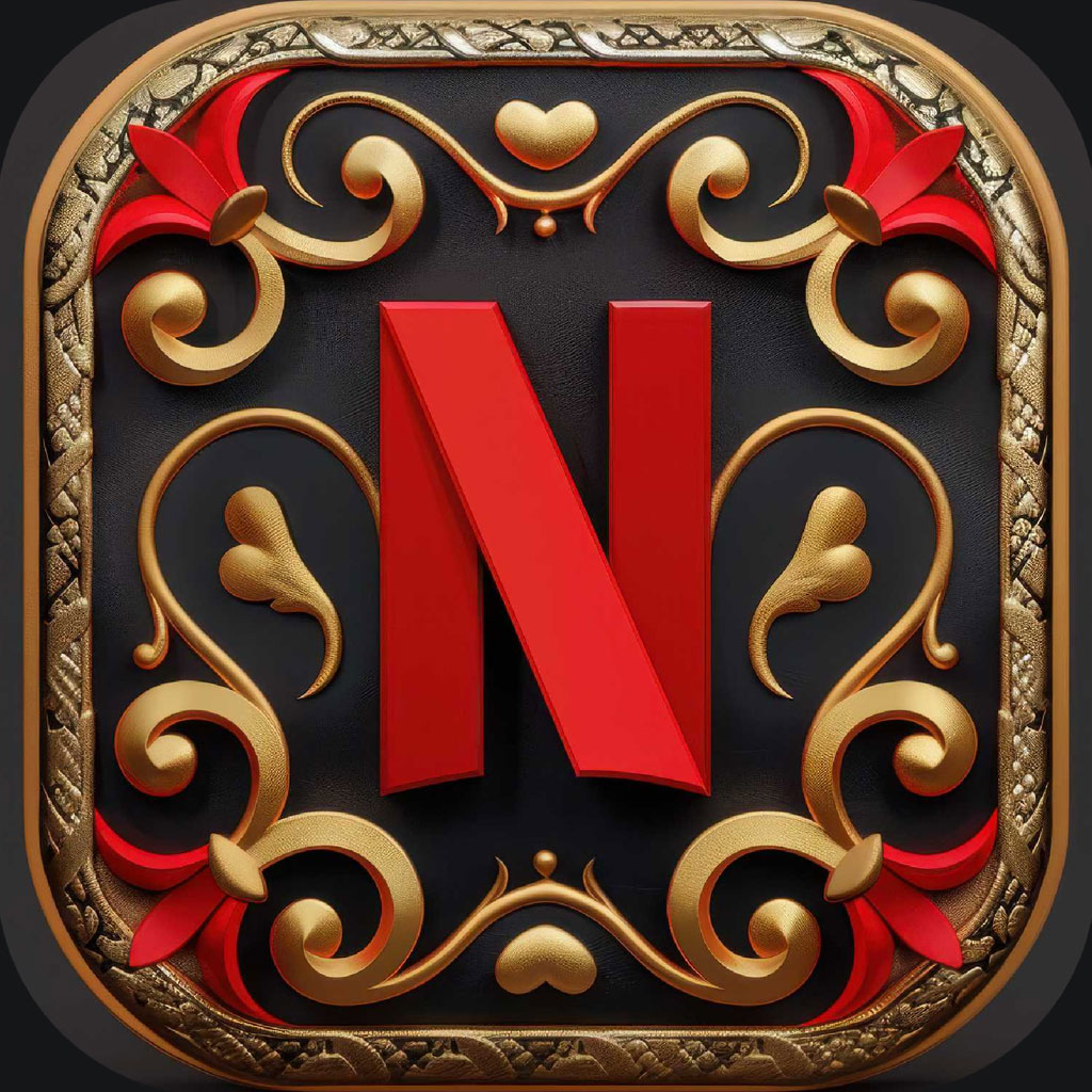 Ornate Netflix logo with red 'N' and gold filigree on black background