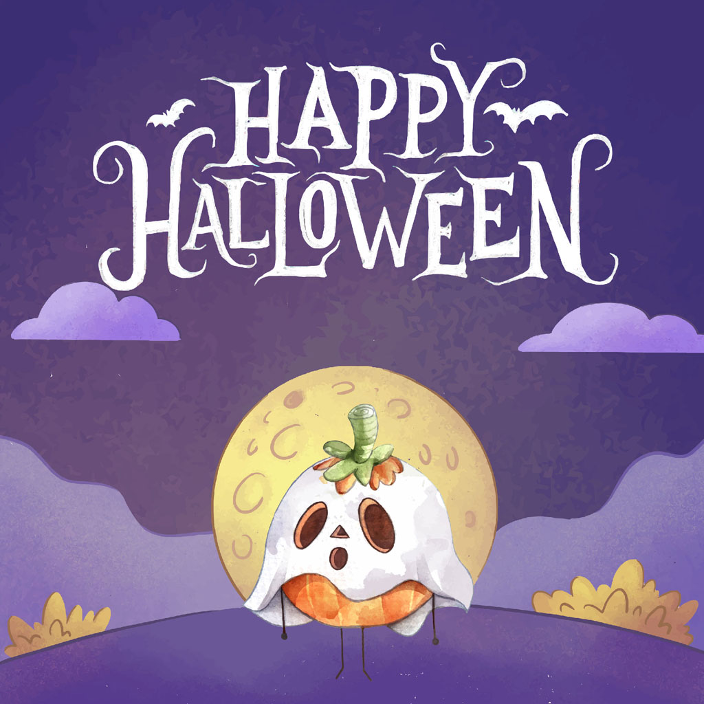 A cartoon pumpkin dressed as a ghost with a green bow on its head, under a full moon in a purple sky.