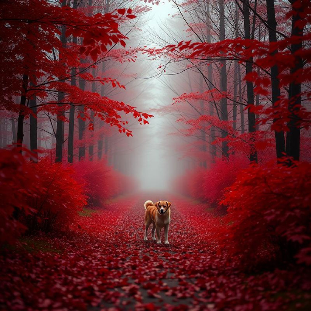 A dog standing on a path covered with red leaves, surrounded by red bushes and trees.