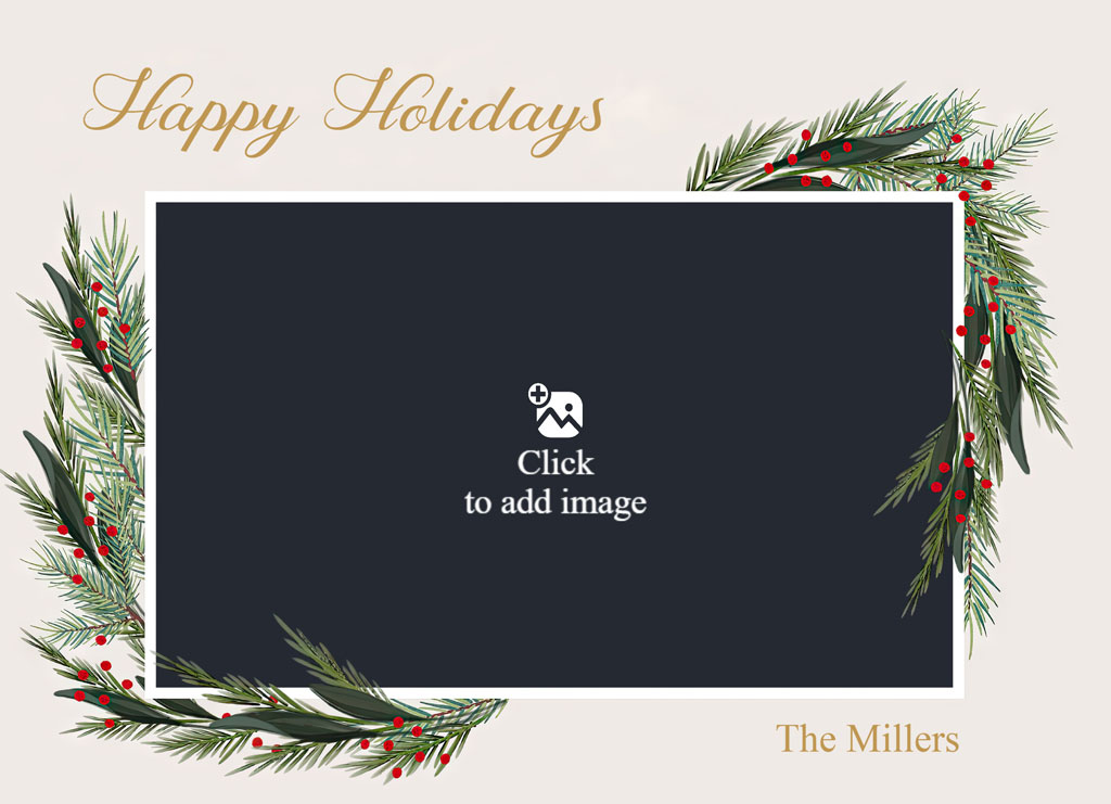 The Millers family posing together in a field with a holiday wreath border