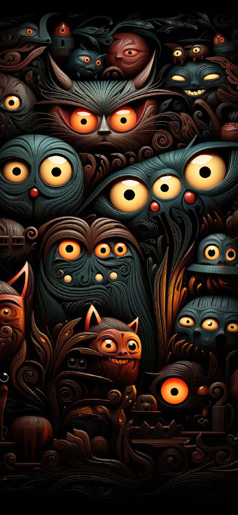 A colorful and intricate illustration featuring a variety of Halloween-themed characters with large, glowing eyes.