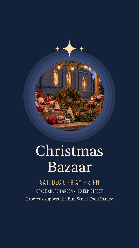 Dark blue Christmas bazaar poster with a glowing church scene inside a round frame.