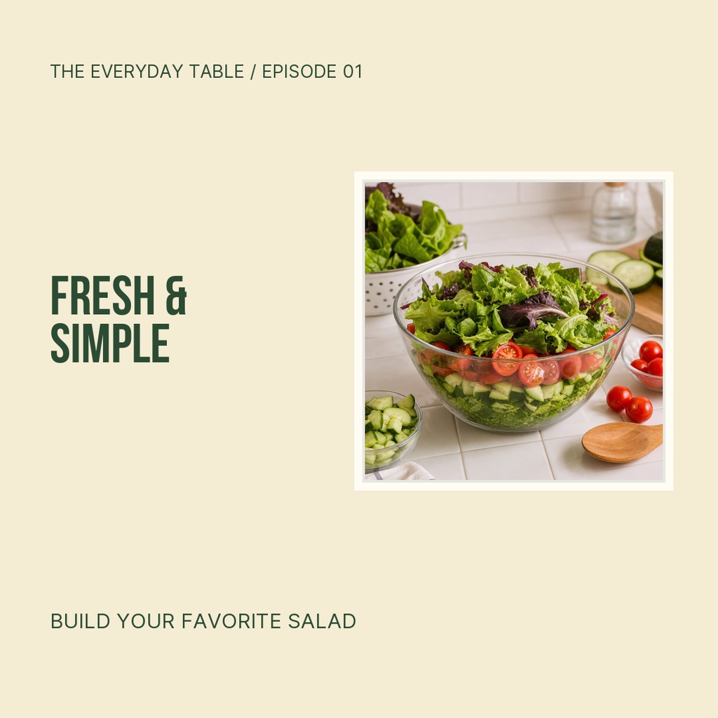 Square post template with a salad bowl photo and the words Fresh & Simple.