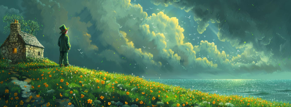 A person in a green outfit stands near a stone cottage on a flower-covered hill, gazing out at a large body of water under a cloudy sky.