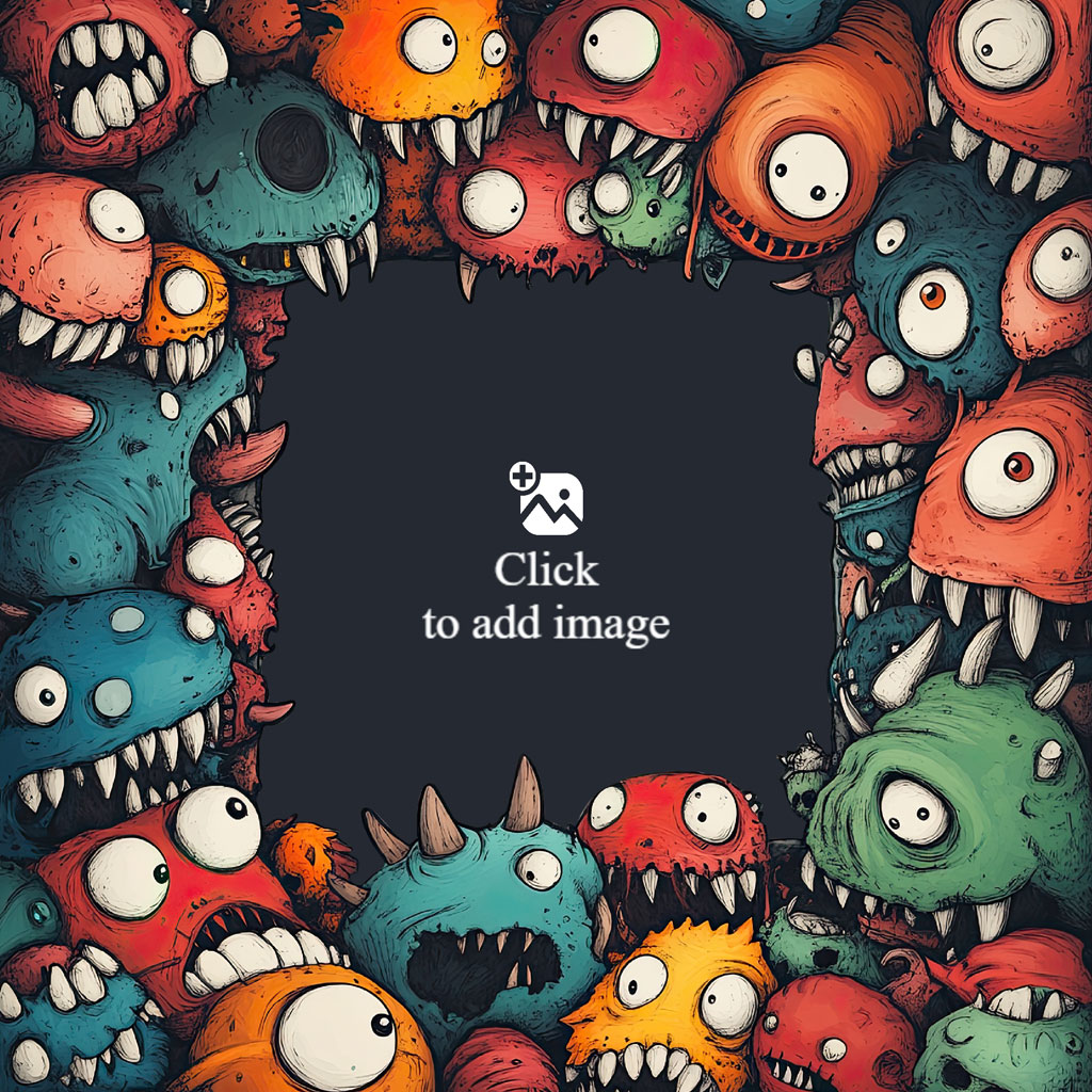 Colorful cartoon monsters with sharp teeth and big eyes forming a frame around a black space.