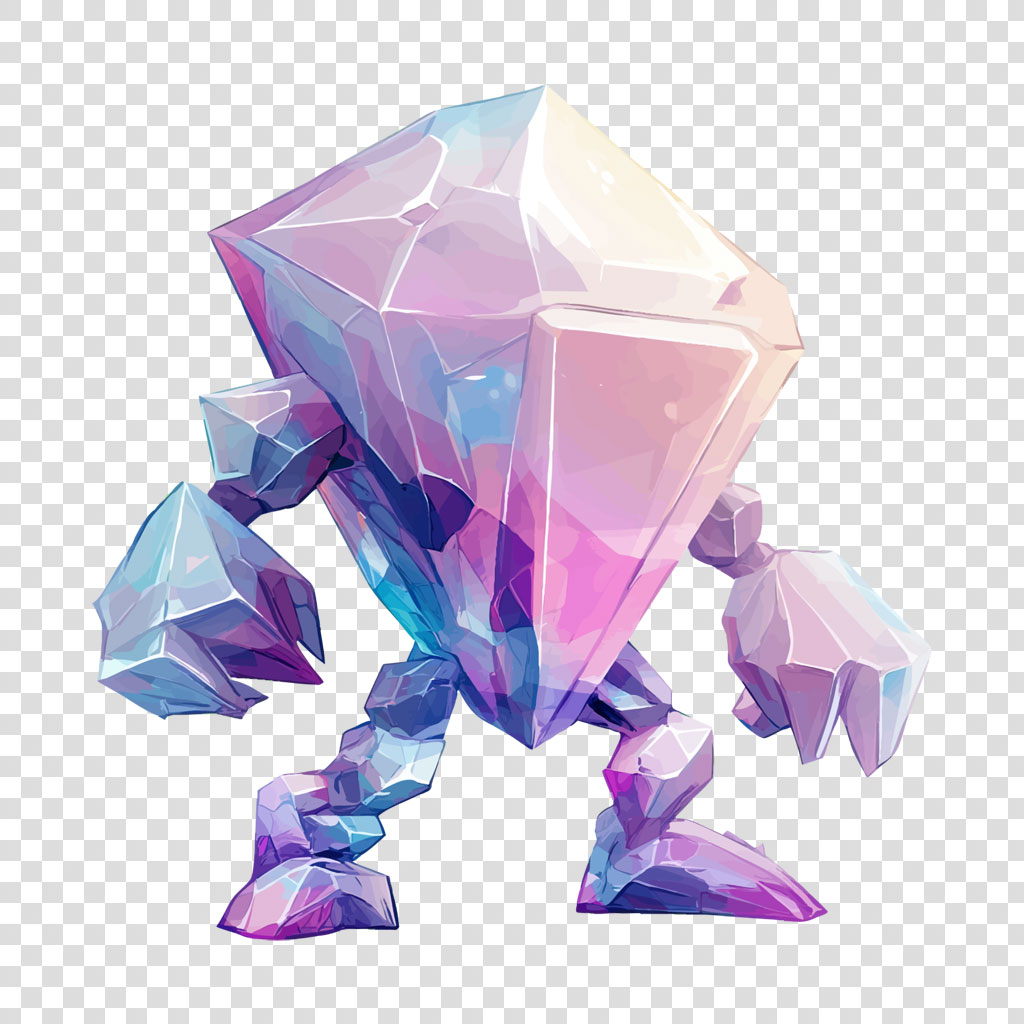 A creature composed of pastel-colored crystals standing on a white background.
