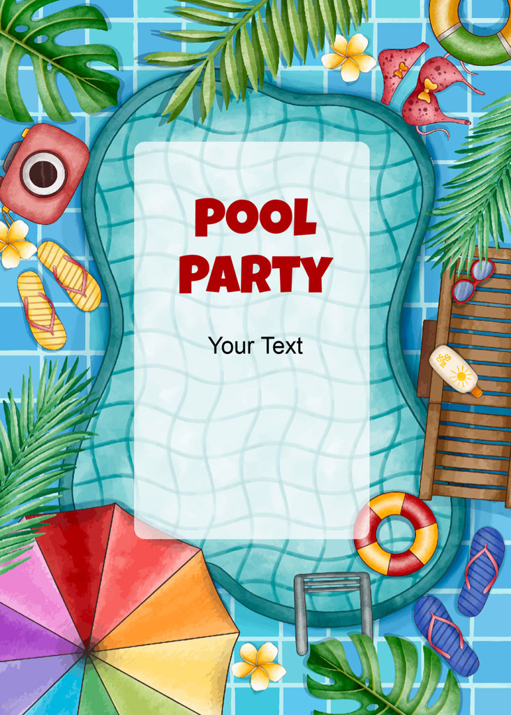 Pool party invitation template with a colorful pool and summer accessories