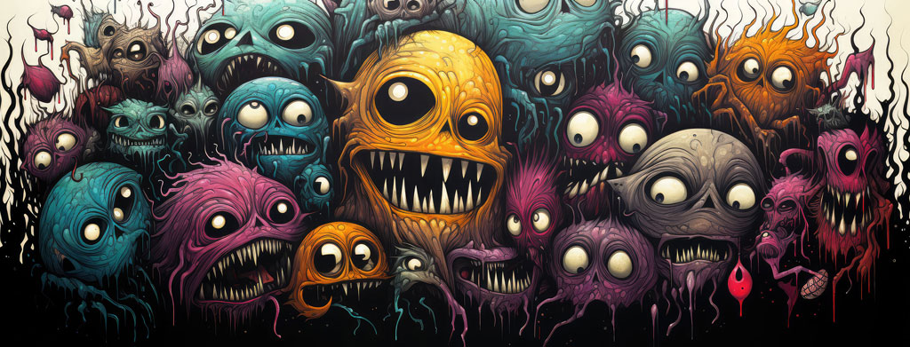 A colorful group of cartoon monsters with large eyes and sharp teeth