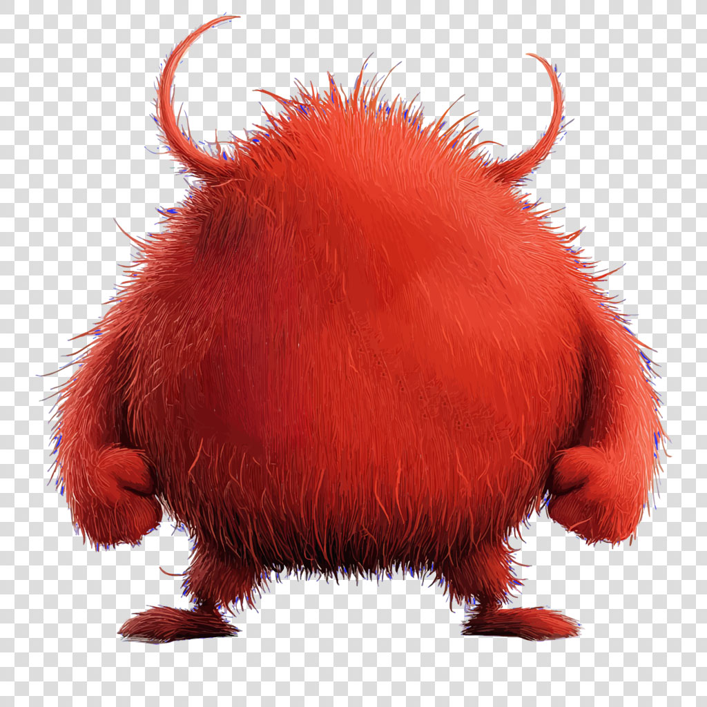 A red, furry monster with two horns and a round body.