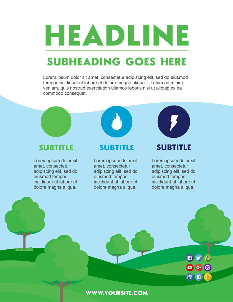 A template for app design with a landscape and three icons representing different elements.