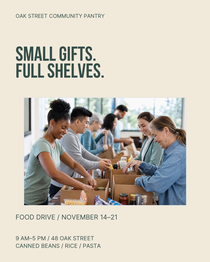Portrait social post showing volunteers passing boxes of food at a community pantry drive