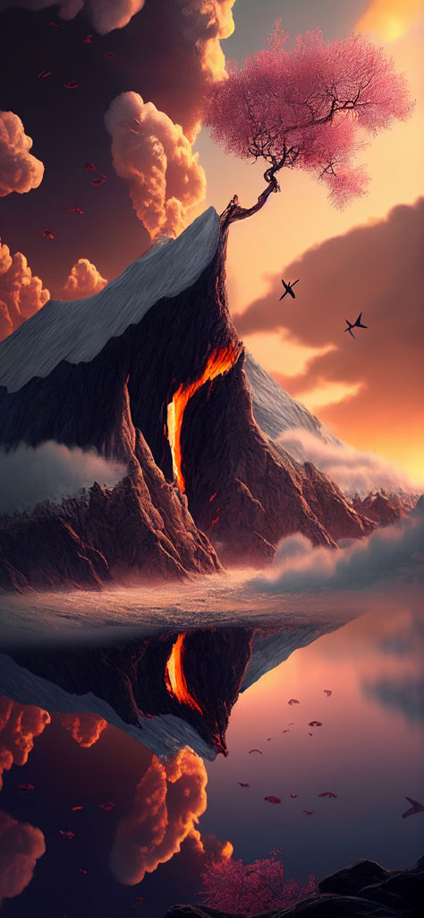 A surreal landscape of a volcano with a flowing lava stream and a cherry blossom tree on its peak, reflected in water below.