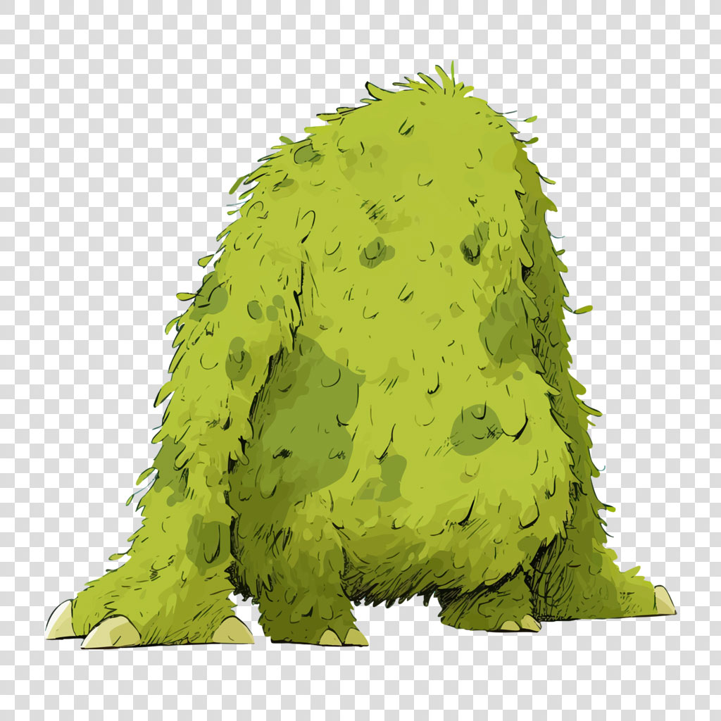 A cartoon creature covered in moss and foliage