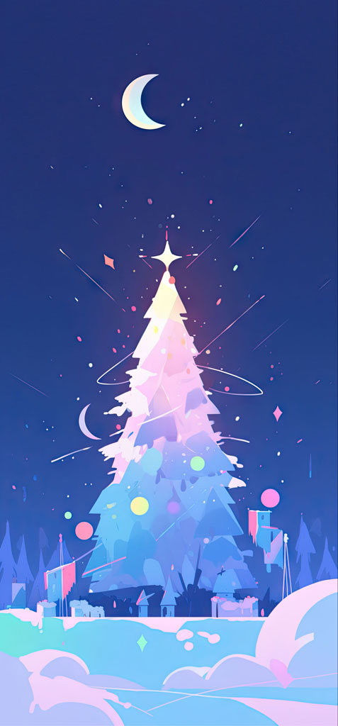 Illustration of a Christmas tree with pastel colors and ornaments, set against a snowy landscape and a night sky with a crescent moon.