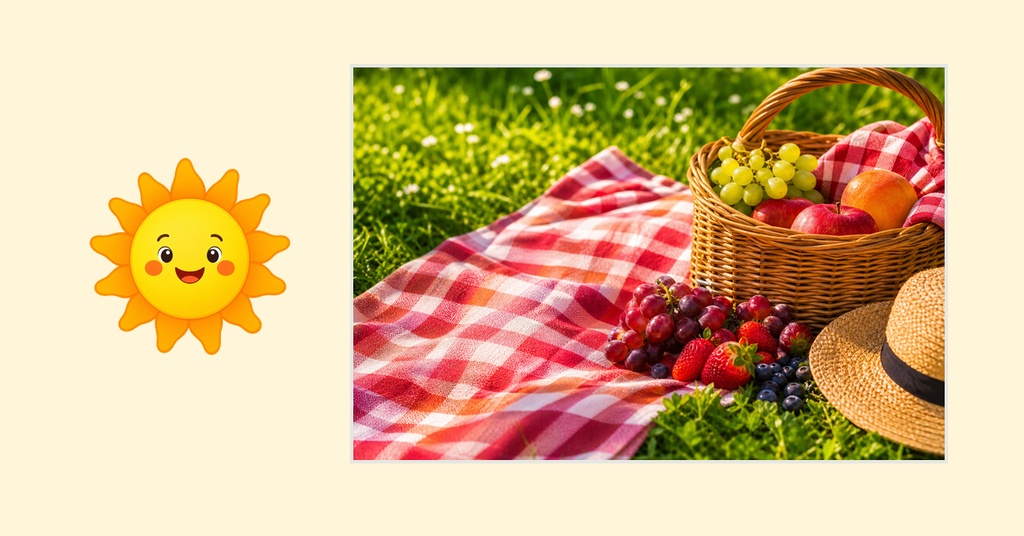 Smiling sun icon beside a picnic blanket with basket, fruit, and straw hat on grass