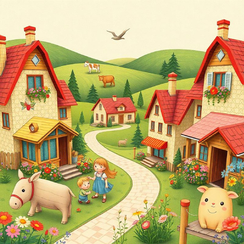 A cartoon village with houses, children playing with a cow and pig, surrounded by flowers and greenery.