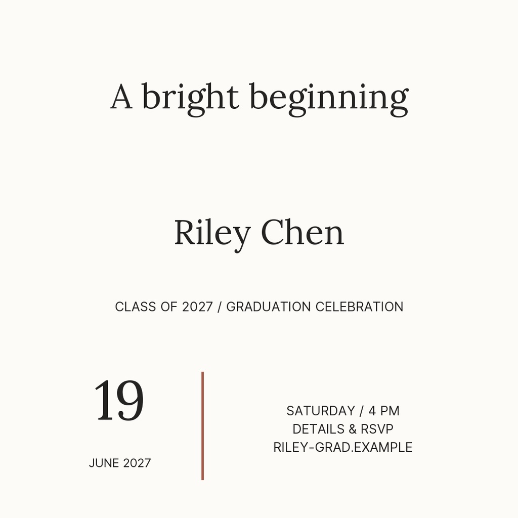 Minimal square graduation post with serif text, name, class of 2027, and event details.