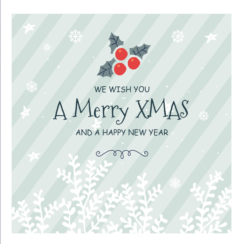 Christmas card with a green striped background and holly leaves