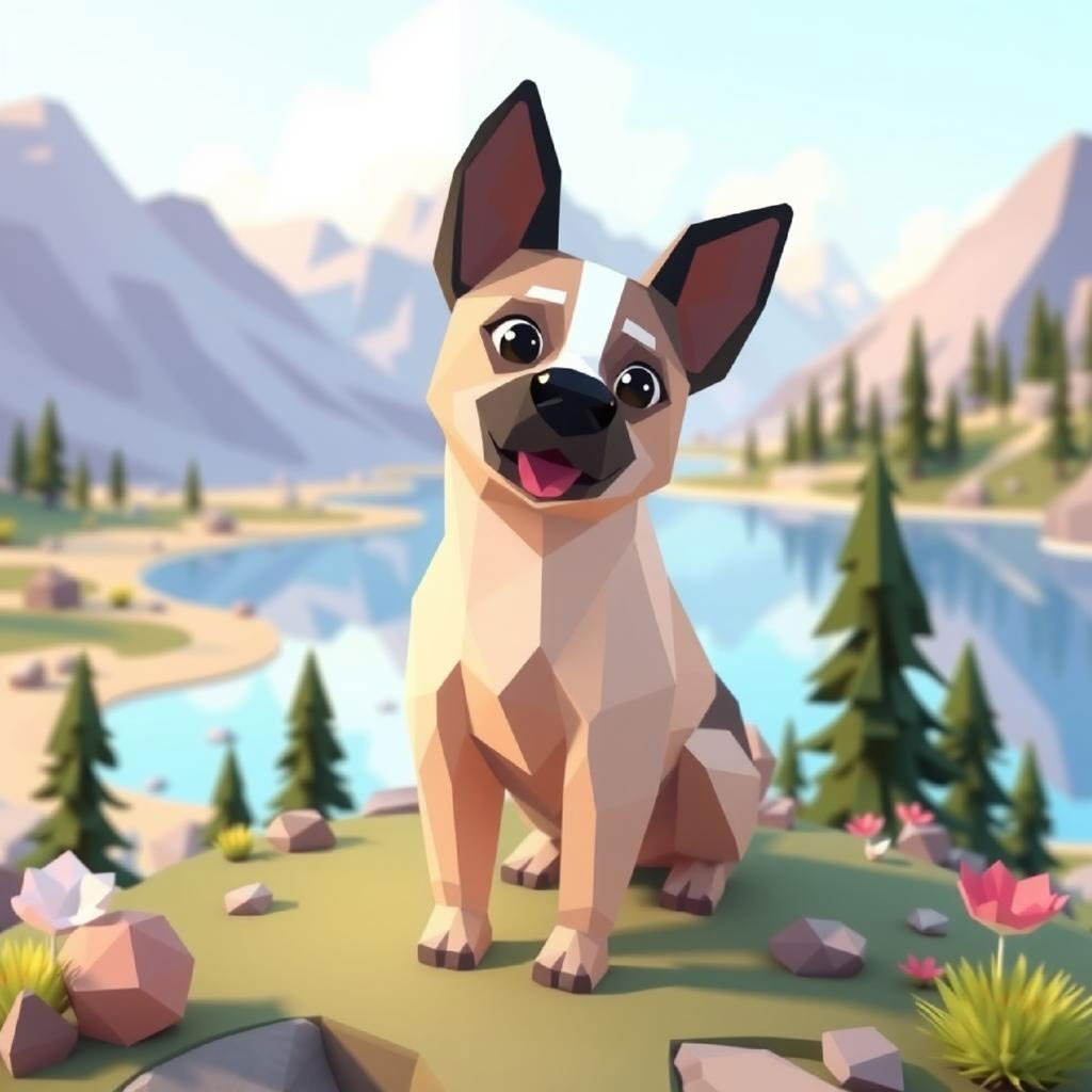 Stylized illustration of a mountain landscape with a lake and foxes.