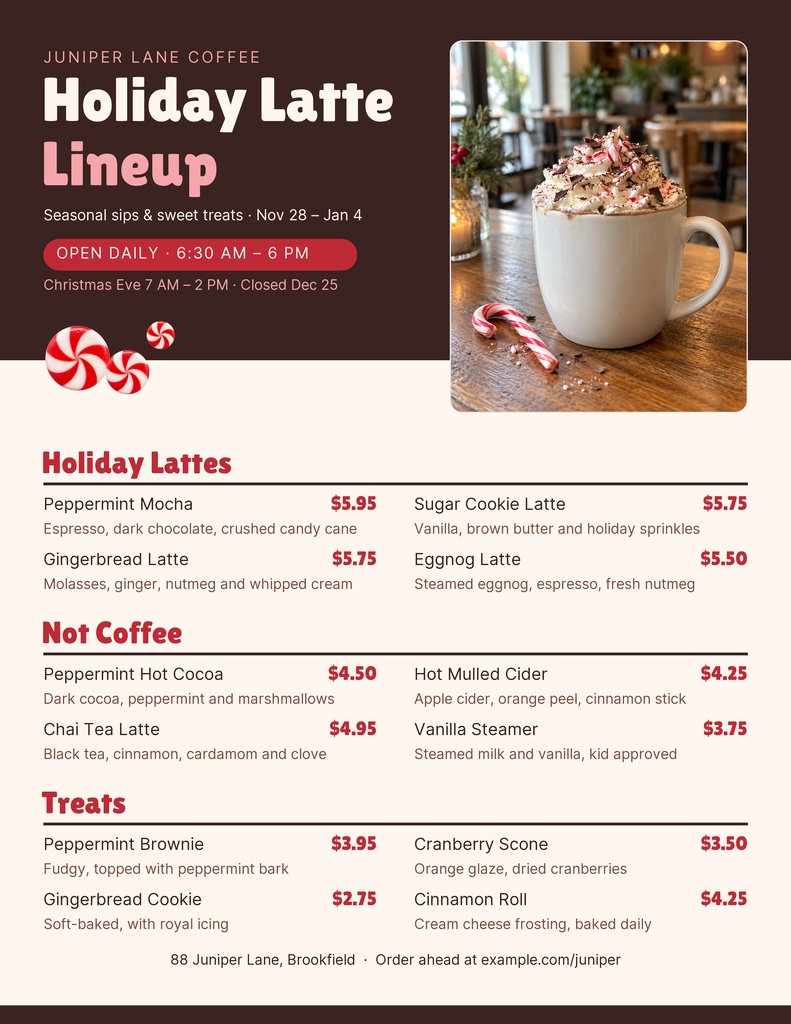 Preview for The Holiday Latte Lineup Letter Menu / Price List Template