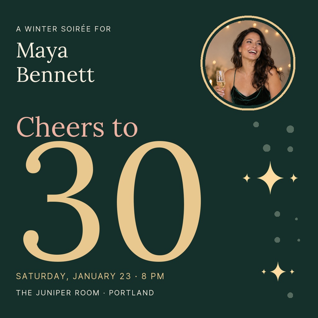Dark green square invitation with large gold 30, portrait photo, and winter soirée details.