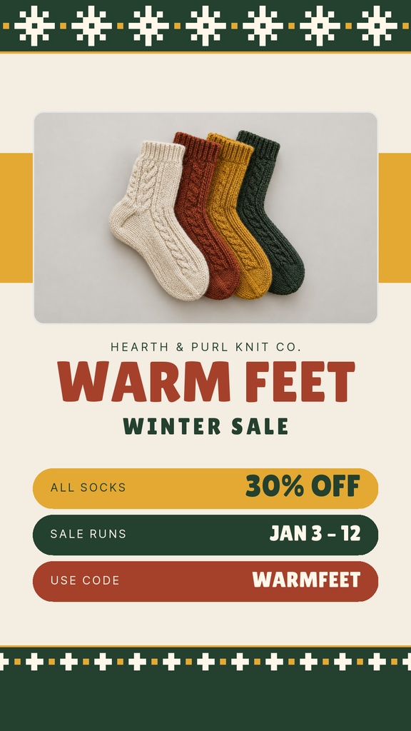 Instagram story template with knit socks, warm feet winter sale text, and discount details
