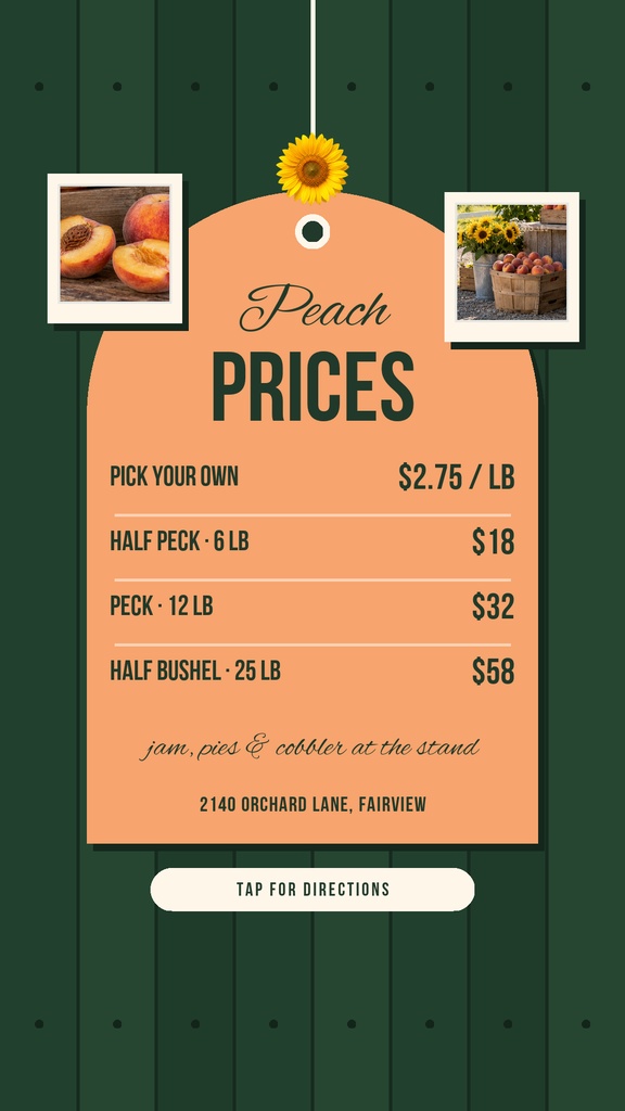 Peach price story template with fruit photos, a sunflower, and a tap for directions button.
