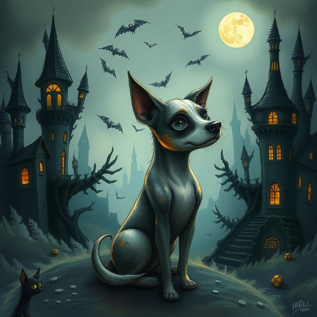 Illustration of a gothic castle with lit windows and a girl walking up the stairs towards it under a full moon.