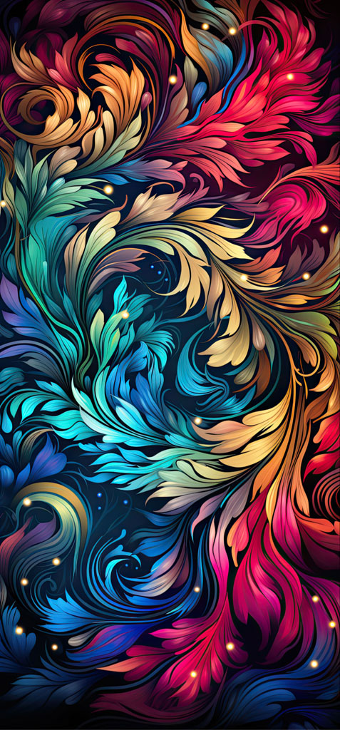 A vibrant digital artwork with swirling leaves in various colors