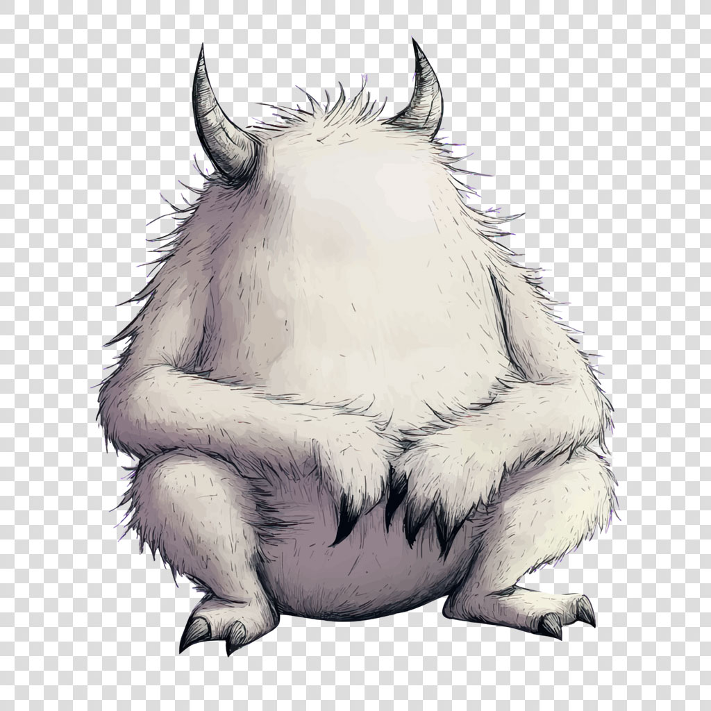 A white, furry creature with two horns, sitting with its arms wrapped around its knees.