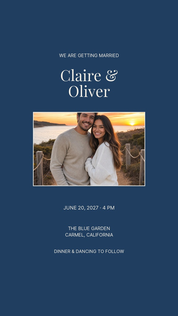 Blue wedding Instagram story with wedding announcement text and a couple photo at sunset