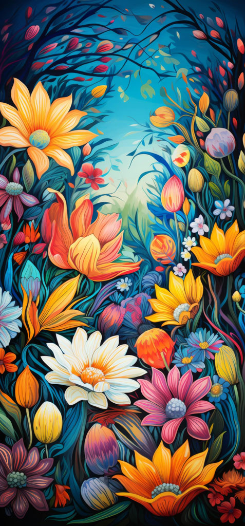 A vibrant and colorful illustration of various flowers and foliage.