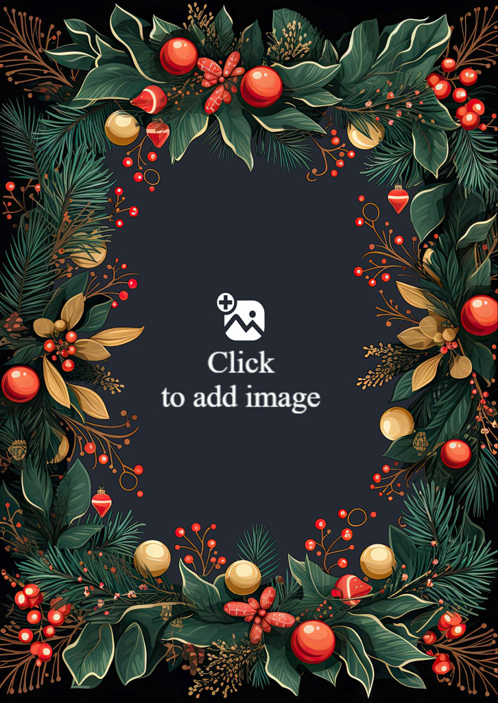 A family of four posing together in a Christmas-themed frame