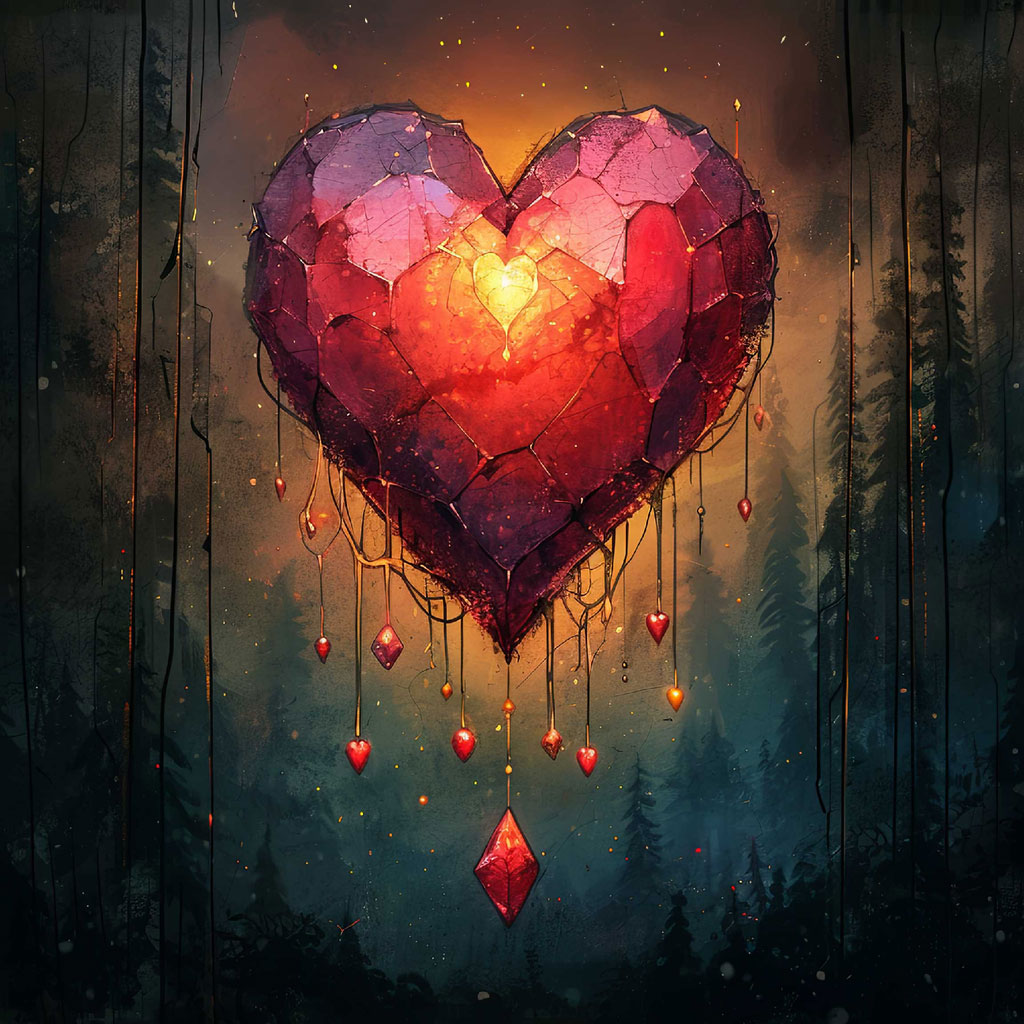 A large, glowing heart hangs in a dark forest, surrounded by smaller hearts.