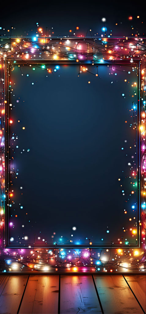 Multicolored string lights framing a dark blue background on a wooden floor.