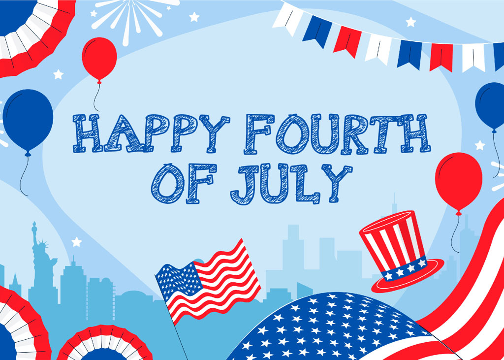 Fourth of July graphic with American flags, balloons, and city skyline