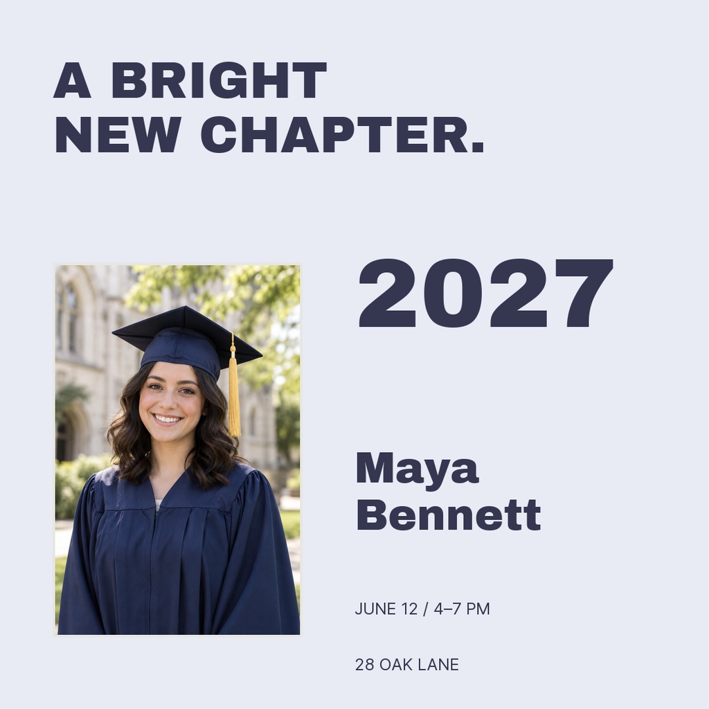 Square graduation post with a graduate portrait, Class of 2027 text, and event details.