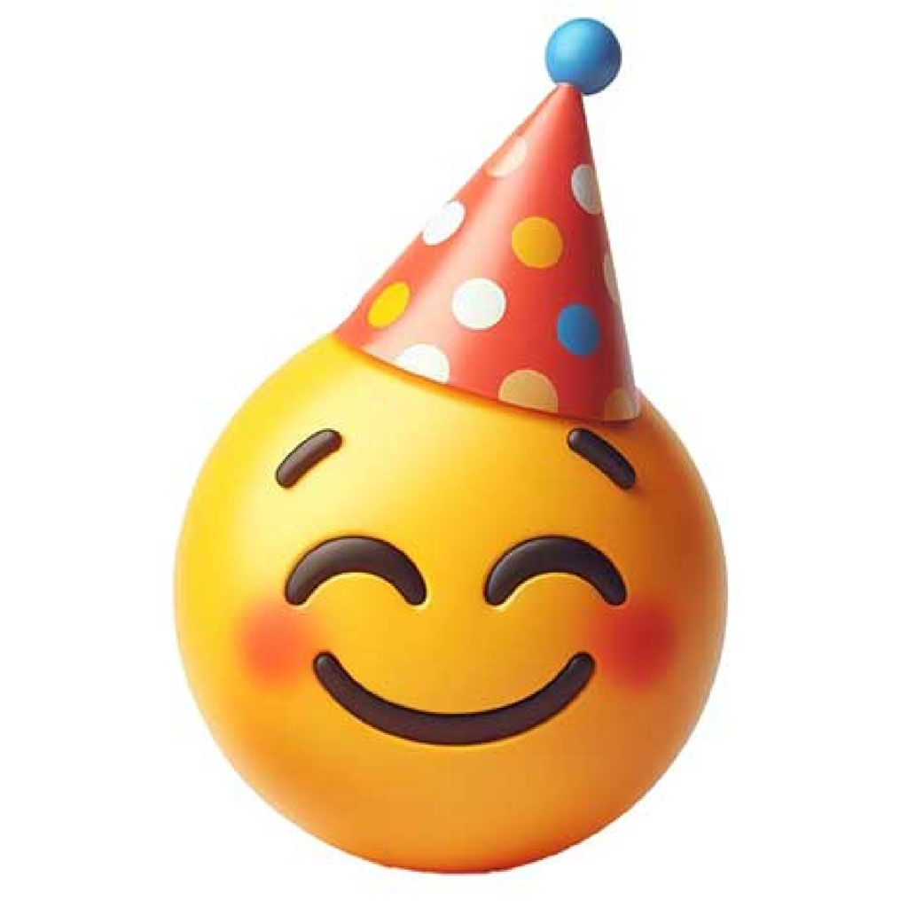 A yellow emoji with a smiling face and closed eyes, wearing a red party hat with white, yellow, and blue polka dots.