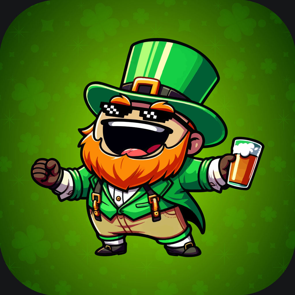 Cartoon leprechaun with orange beard, green hat, and beer