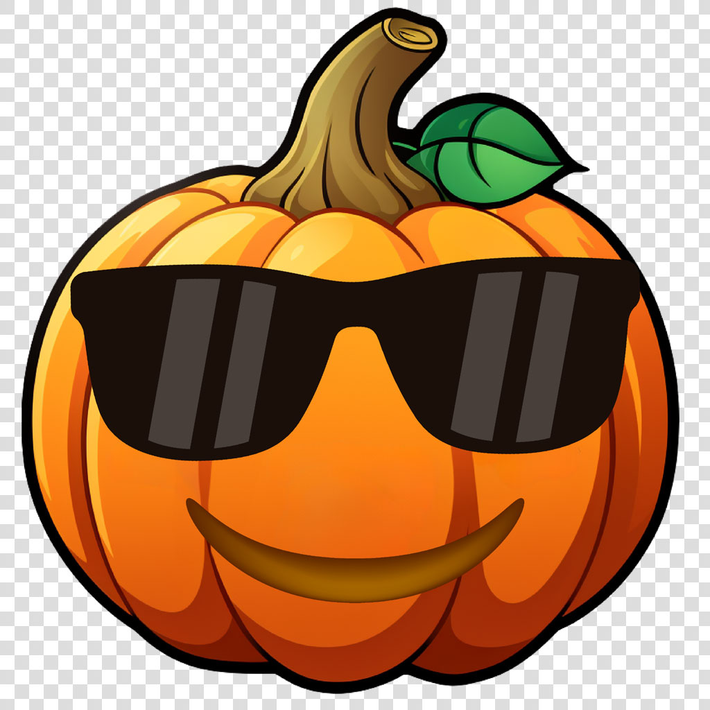 A smiling pumpkin wearing black sunglasses