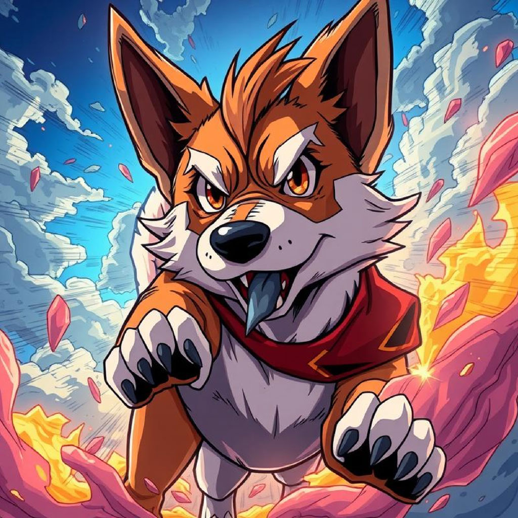 Goku in a powerful stance with a fierce expression, surrounded by energy and clouds