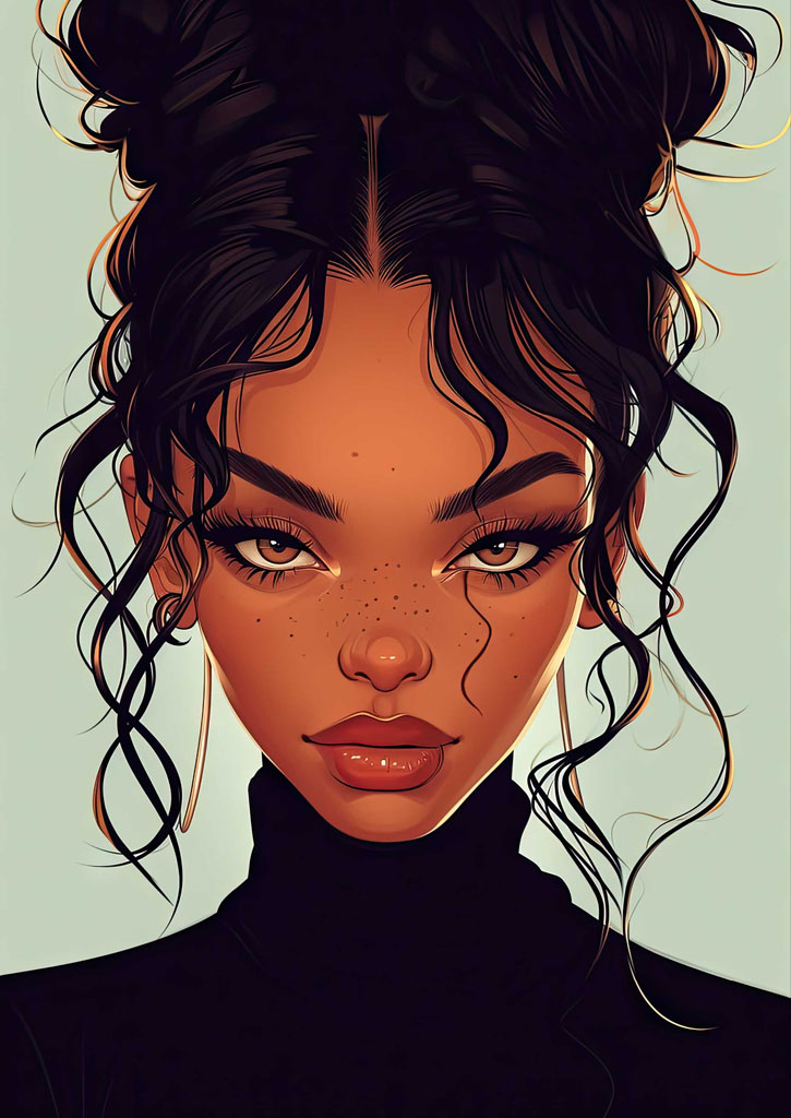 Digital art portrait of a woman with curly hair and freckles