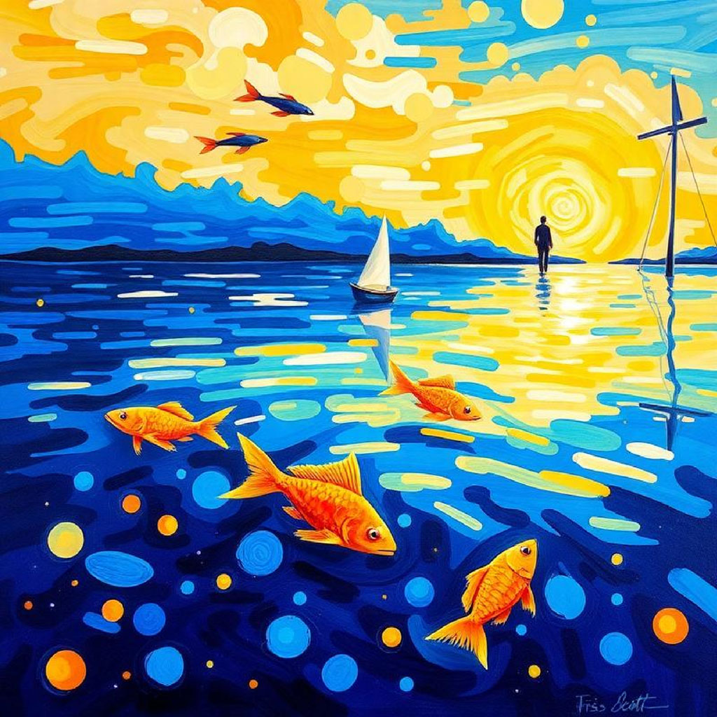 A painting of orange fish in the ocean with a sailboat and a person standing in the water.