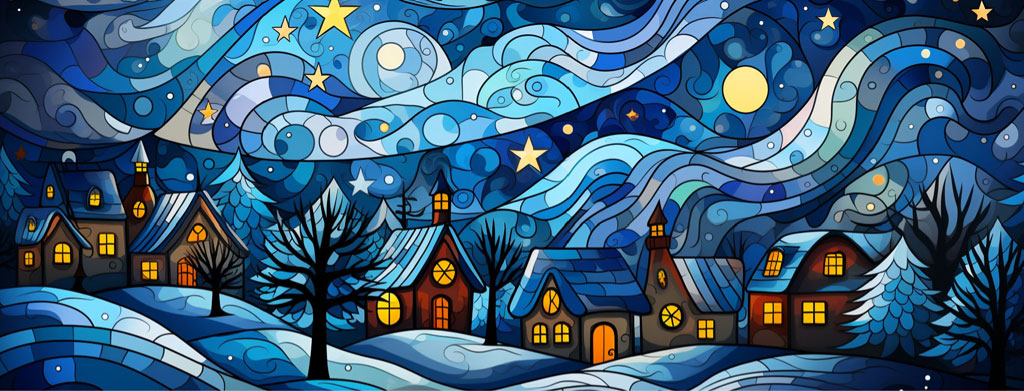 Illustration of a snowy village at night with glowing houses and a starry sky