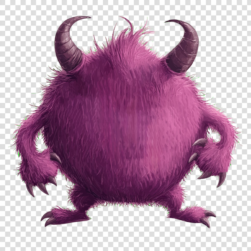 A furry, purple monster with two horns and sharp claws on a white background.