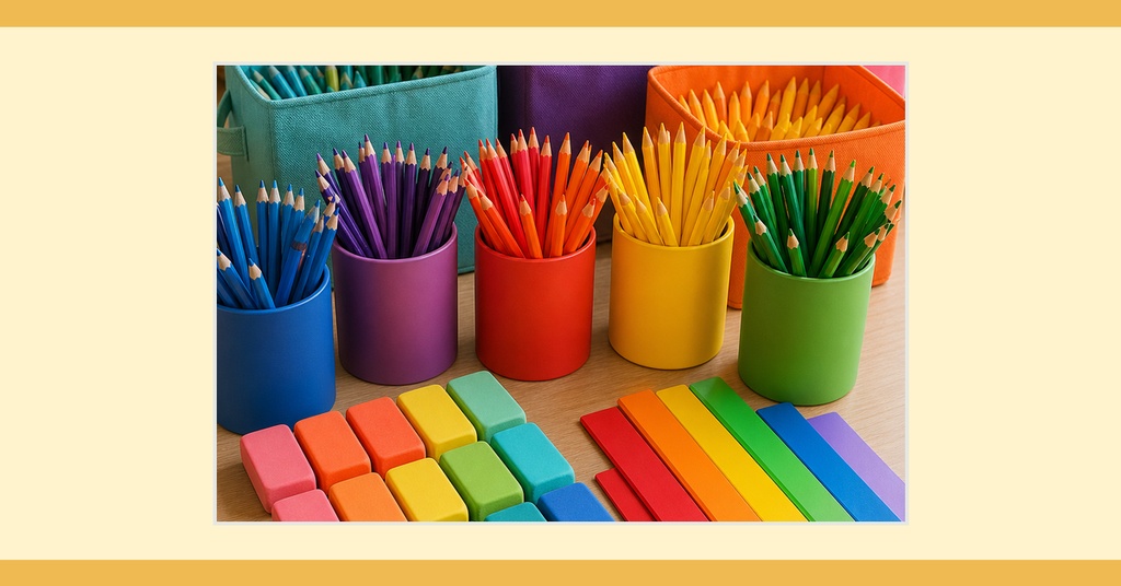 Colorful school supplies in pencil cups with erasers and pencils arranged in rows